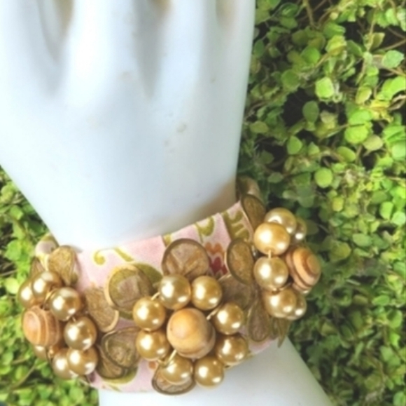 LENORA DAME Anthro Pleats Cottage Floral Fabric Gems Pearls Metal Cuff Bracelet - Picture 1 of 16